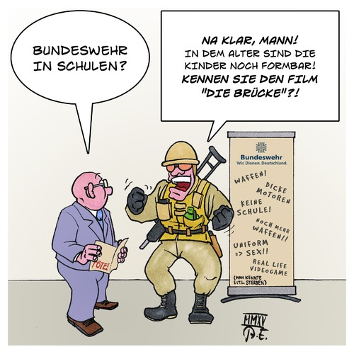 Cartoon: Bundeswehr in Schulen (medium) by Timo Essner tagged bundeswehr,karriere,job,nachwuchs,schulen,jobtag,karrieretag,kanonenfutter,jugendliche,waffen,kindersoldaten,kinder,waffe,krieg,frieden,militär,bundeswehr,karriere,job,nachwuchs,schulen,jobtag,karrieretag,kanonenfutter,jugendliche,waffen,kindersoldaten,kinder,waffe,krieg,frieden,militär