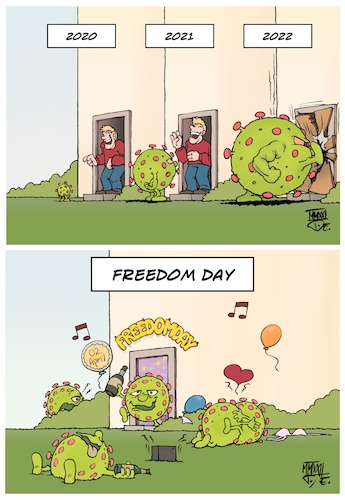 Cartoon: COVID Evolution - Freedom Day (medium) by Timo Essner tagged covid,covid19,evolution,sequel,fortsetzung,freedom,day,freedummday,wellen,masken,maskenpflicht,lockerungen,hot,spots,länder,schulen,2g,3g,2gplus,pandemie,frühling,endemisch,gezielte,durchseuchung,cartoon,timo,essner,covid,covid19,evolution,sequel,fortsetzung,freedom,day,freedummday,wellen,masken,maskenpflicht,lockerungen,hot,spots,länder,schulen,2g,3g,2gplus,pandemie,frühling,endemisch,gezielte,durchseuchung,cartoon,timo,essner