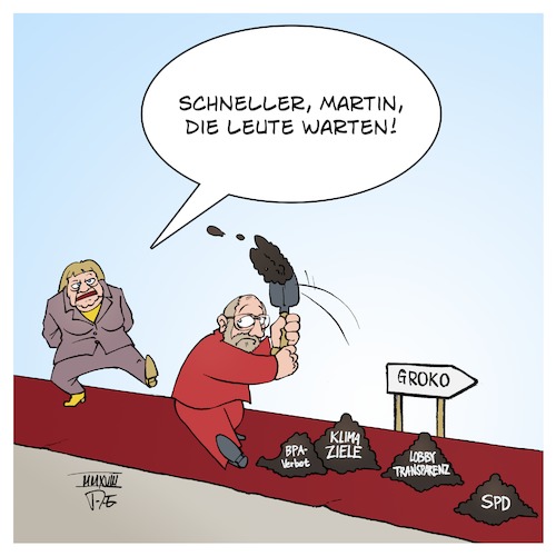 Cartoon: Der Weg zur GroKo (medium) by Timo Essner tagged angela,merkel,martin,schulz,cdu,spd,groko,koko,wahlen,btw17,bpa,bisphenol,klimaziele,kohlekraft,sondierungen,angela,merkel,martin,schulz,cdu,spd,groko,koko,wahlen,btw17,bpa,bisphenol,klimaziele,kohlekraft,sondierungen