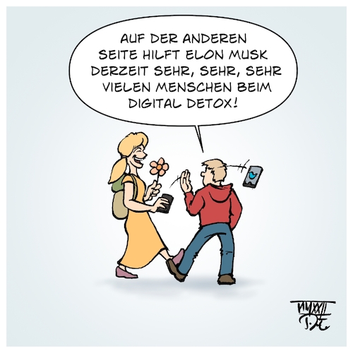 Cartoon: Digital Detox (medium) by Timo Essner tagged elon,musk,twitter,nutzer,exodus,social,media,netzwerk,account,wechsel,digital,detox,elon,musk,twitter,nutzer,exodus,social,media,netzwerk,account,wechsel,digital,detox