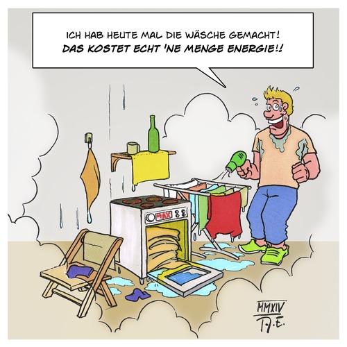 Cartoon: Energie-Effizienz im Haushalt (medium) by Timo Essner tagged energieeffizienz,haushalt,stromsparen,energy,efficiency,energieeffizienz,haushalt,stromsparen,energy,efficiency,junggeselle,heimwerker,energie,strom,wäsche,waschen,bügeln