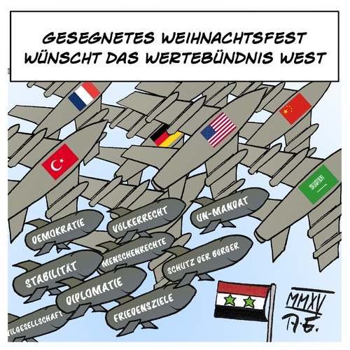 Cartoon: Frohe Weihnachten (medium) by Timo Essner tagged syrien,deutschland,usa,frankreich,saudi,arabien,krieg,is,daesh,cartoon,timo,essner,syrien,deutschland,usa,frankreich,saudi,arabien,krieg,is,daesh,cartoon,timo,essner