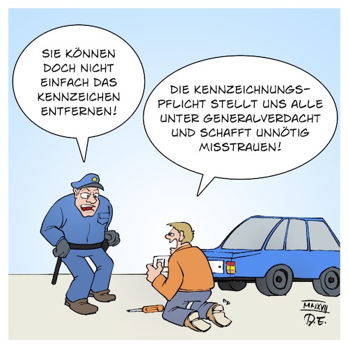 Cartoon: Kennzeichnungspflicht (medium) by Timo Essner tagged kennzeichnungspflicht,polizei,abzeichen,namen,namensschilder,bodycams,bürgerrechte,demonstrationen,anzeigen,polizeigewalt,staatsanwaltschaft,deutschland,bürger,proteste,kennzeichen,nummern,nummernschiöd,auto,cartoon,timo,essner,kennzeichnungspflicht,polizei,abzeichen,namen,namensschilder,bodycams,bürgerrechte,demonstrationen,anzeigen,polizeigewalt,staatsanwaltschaft,deutschland,bürger,proteste,kennzeichen,nummern,nummernschiöd,auto,cartoon,timo,essner