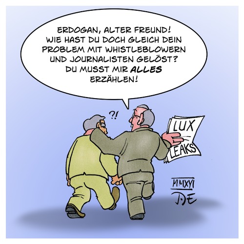 Cartoon: Luxleaks (medium) by Timo Essner tagged jean,claude,juncker,recep,tayyip,erdogan,luxemburg,luxembourg,luxleaks,lux,leaks,journalisten,whistleblower,steueroasen,steuerparadiese,europa,eu,korruption,steuerhinterziehung,cartoon,timo,essner,jean,claude,juncker,recep,tayyip,erdogan,luxemburg,luxembourg,luxleaks,lux,leaks,journalisten,whistleblower,steueroasen,steuerparadiese,europa,eu,korruption,steuerhinterziehung,cartoon,timo,essner