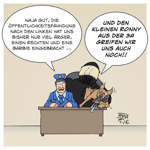 Cartoon: Öffentlichkeitsfahndung (medium) by Timo Essner tagged polizei,g20,hamburg,bild,springer,öffentlichkeitsfahndung,linke,barbie,rechter,terrorist,fahndung,öffentlichkeit,stasi,bürgerspitzel,polizeistaat,unschuldsvermutung,datenschutz,personenschutz,überwachung,daten,cartoon,timo,essner,polizei,g20,hamburg,bild,springer,öffentlichkeitsfahndung,linke,barbie,rechter,terrorist,fahndung,öffentlichkeit,stasi,bürgerspitzel,polizeistaat,unschuldsvermutung,datenschutz,personenschutz,überwachung,daten,cartoon,timo,essner