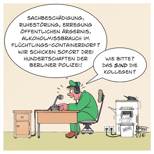 Cartoon: Polizeiskandal Flüchtlingsdorf (medium) by Timo Essner tagged polizei,berliner,hundertschaft,segeberg,flüchtlingsheim,sachbeschädigung,ruhestörung,errergung,öffentlichen,ärgernis,alkoholmissbrauch,cartoon,timo,essner,polizei,berliner,hundertschaft,segeberg,flüchtlingsheim,sachbeschädigung,ruhestörung,errergung,öffentlichen,ärgernis,alkoholmissbrauch,cartoon,timo,essner