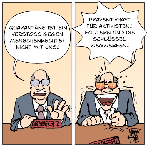 Cartoon: Präventivhaft (medium) by Timo Essner tagged covid19,corona,isolationspflicht,quarantäne,aufhebung,klimaaktivismus,klimaproteste,aktivisten,aktivistinnen,terrorismus,präventivhaft,vorsorgehaft,pag,bayern,cartoon,timo,essner,covid19,corona,isolationspflicht,quarantäne,aufhebung,klimaaktivismus,klimaproteste,aktivisten,aktivistinnen,terrorismus,präventivhaft,vorsorgehaft,pag,bayern,cartoon,timo,essner