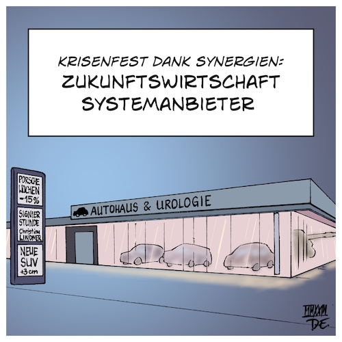 Cartoon: Zukunft Systemanbieter (medium) by Timo Essner tagged zukunftswirtschaft,systemanbieter,autos,autohandel,autohändler,urologe,urologie,kleiner,penislänge,autogröße,suv,porsche,synergien,cartoon,timo,essner,zukunftswirtschaft,systemanbieter,autos,autohandel,autohändler,urologe,urologie,kleiner,penis,penislänge,autogröße,suv,porsche,synergien,cartoon,timo,essner