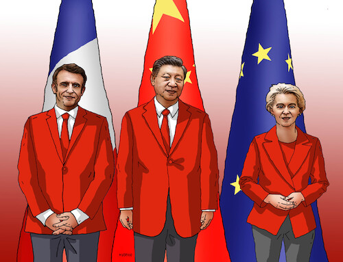 Cartoon: chinaeu24 (medium) by Lubomir Kotrha tagged china,eu,macron,leyen,china,eu,macron,leyen