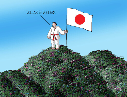 Cartoon: japan yen (medium) by Lubomir Kotrha tagged japan,yen,dollar,japan,yen,dollar