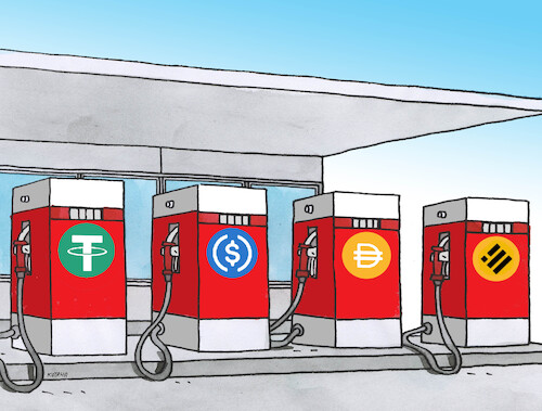 Cartoon: stablecoin (medium) by Lubomir Kotrha tagged bitcoin,banks,cryptocurrencies,dollar,euro,pound,stablecoin,bitcoin,banks,cryptocurrencies,dollar,euro,pound,stablecoin