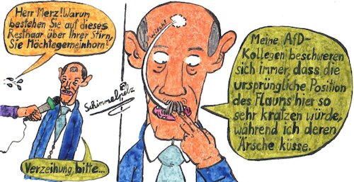 Cartoon: Einhorn Merz (medium) by Schimmelpelz-pilz tagged friedrich,merz,afd,sympathisant,hitlerbart,hitlerbärtchen,adolf,hitler,schnurrbart,haarausfall,cdu,glatze,kahl,kahlkopf,christlich,demokratische,union,einhorn,interview,mikrofon