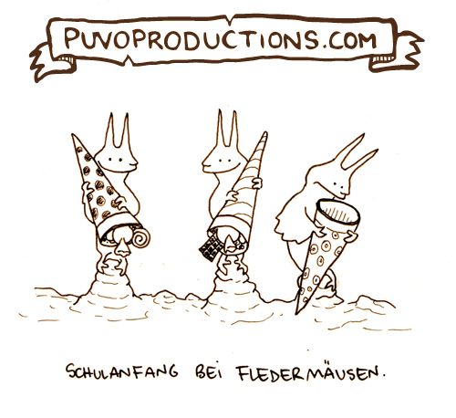 Cartoon: Schulanfang. (medium) by puvo tagged schule,schulanfang,einschulung,schwerkraft,zuckertüte,fledermaus,schultüte,erstkläßler