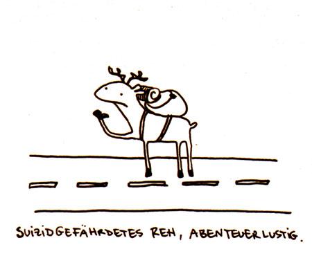 Cartoon: suizidgefährdetes Reh. (medium) by puvo tagged reh,suizid,selbstmord,straße,rucksack,wandern,anhalter,depressiv,deer,hitch,hiking