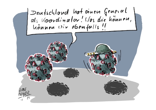 Cartoon: Aufrüstung... (medium) by Jori Niggemeyer tagged omicron,omikron,general,corona,aufrüstung,koordination,coronaregeln,omicron,omikron,general,corona,aufrüstung,koordination,coronaregeln