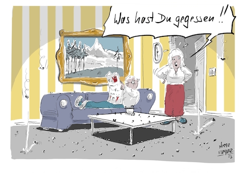 Cartoon: Ernährungsgewohnheiten ... (medium) by Jori Niggemeyer tagged ernährung,pups,pupsen,furz,furzen,flatulenz,fliegen,wohnzimmer,zeitung,couch,mann,frau,ernährung,pups,pupsen,furz,furzen,flatulenz,fliegen,wohnzimmer,zeitung,couch,mann,frau