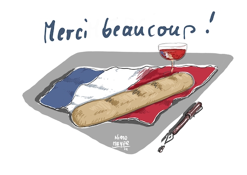 Cartoon: Merci beaucoup Frankreich (medium) by Jori Niggemeyer tagged frankreich,wahl,emanuelmacron,macron,demokratie,europa,deutschfranzösischefreundschaft,humor,joricartoon,niggemeyer,cartooon,cartoonart,illustration,illustrator,karikatur,satire,cartoondrawing,cartoon,frankreich,wahl,emanuelmacron,macron,demokratie,europa,deutschfranzösischefreundschaft,humor,joricartoon,niggemeyer,cartooon,cartoonart,illustration,illustrator,karikatur,satire,cartoondrawing,flagge,baguette,rotwein,merci