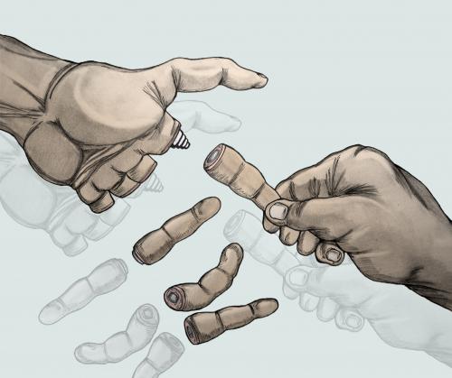 Cartoon: Man By Pieces 3 (medium) by javierhammad tagged pieces,hands,fingers,surreal,scifi,illustration,surreal,skurril,hand,handgelenk,amputation,arm,gliedmaß,prothese,handicap,finger,daumen,zeigefinger,mittelfinger,ringfinger,behinderung,anthropomorphie,handverlust,fingerverlust,armverlust,künstlich,scifi,science fiction,medizintechnik,science,fiction,implantat,plastische chirurgie,plastischen,chirurgie,plastische,schraube,teil,roboter,android,mensch,kleine