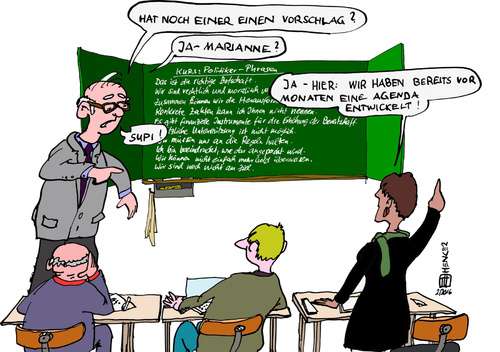 Cartoon: Phrasenkurs-Fortbildung (medium) by thomasH tagged interview,eu,kommissarin,marianne,thyssen,flüchtlinge,integration,aufnahme,bewältigung,flüchtlingskrise,deutschland,nettozahler,herausforderung,finanzmittel,moral,recht