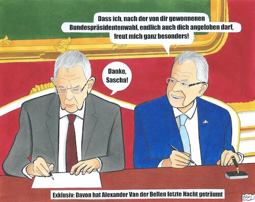 Cartoon: Der Angelobungspräsident (medium) by BAES tagged vanderbellen,alexandervanderbellen,österreich,präsident,bundespräsident,wahl,staatsoberhaupt,politik,vanderbellen,alexandervanderbellen,österreich,präsident,bundespräsident,wahl,staatsoberhaupt,politik