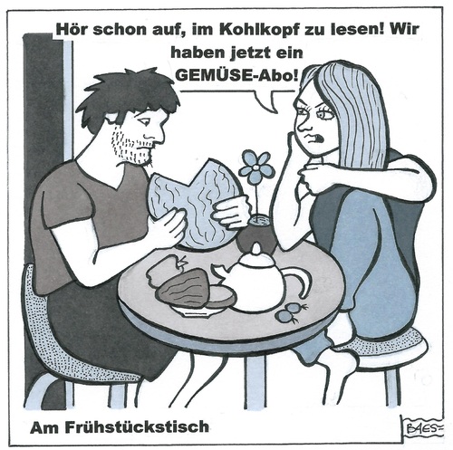 Cartoon: Gemüseabo (medium) by BAES tagged mann,frau,paar,frühstück,essen,gesundheit,gemüse,abo,gemüseabo,zeitungsabo,mann,frau,paar,frühstück,essen,gesundheit,gemüse,abo,gemüseabo,zeitungsabo