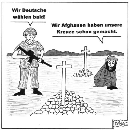 Cartoon: In Afghanistan (medium) by BAES tagged bundeswehr,afghanistan,wahlkampf,wahl,bundestagswahl,bomenangriff,angela,merkel,deutschland,bundeswehr,afghanistan,wahlkampf,wahl,wahlen,bundestagswahl,bombenangriff,angela merkel,deutschland,militär,angela,merkel