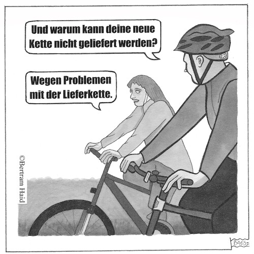 Cartoon: Lieferkettenreaktion (medium) by BAES tagged lieferkette,wirtschaft,transport,logistik,verkehr,fahrrad,problem,lieferkette,wirtschaft,transport,logistik,verkehr,fahrrad,problem