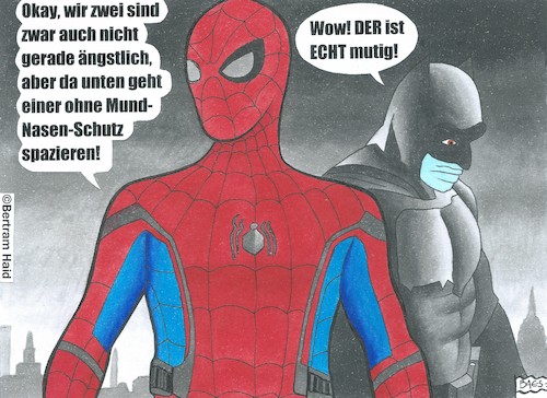 Cartoon: Neue Helden (medium) by BAES tagged corona,covid,covid19,coronavirus,pandemie,mut,angst,maskenpflicht,mundschutz,mundnasenschutz,maske,spiderman,batman,helden,maßnahmen,freiheit,comic,corona,covid,covid19,coronavirus,pandemie,mut,angst,maskenpflicht,mundschutz,mundnasenschutz,maske,spiderman,batman,helden,maßnahmen,freiheit,comic