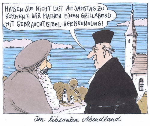 Cartoon: abendländisch (medium) by Andreas Prüstel tagged bibelverbrennung,bibel,grillabend,islam,christentum,glaube,abendland,abendland,glaube,christentum,islam,grillabend,bibel,bibelverbrennung