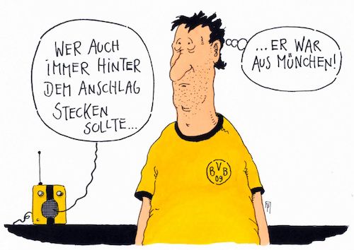 Cartoon: anschlag spezial (medium) by Andreas Prüstel tagged borussia,dortmund,anschlag,fan,rivalität,fc,bayern,münchen,cartoon,karikatur,andreas,pruestel,borussia,dortmund,anschlag,fan,rivalität,fc,bayern,münchen,cartoon,karikatur,andreas,pruestel