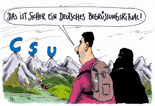 Cartoon: begrüßung (medium) by Andreas Prüstel tagged flüchtlingspolitik,csu,forderungskatalog,transitzonen,obergrenze,burkaverbot,bayern,cartoon,karikatur,andreas,pruestel,flüchtlingspolitik,csu,forderungskatalog,transitzonen,obergrenze,burkaverbot,bayern,cartoon,karikatur,andreas,pruestel