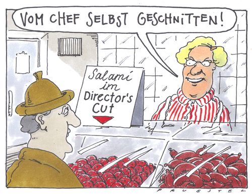 Cartoon: beim metzger (medium) by Andreas Prüstel tagged directorscut,fleischerei,film,chef,fleischerei,film,chef,fleisch,lebensmittel,fleischer,handel,verkauf,directors cut,kino,schneiden,cut,directors