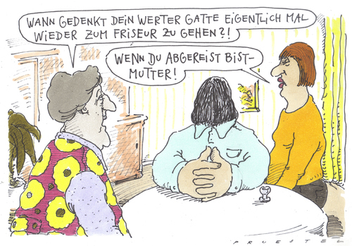 Cartoon: besuch (medium) by Andreas Prüstel tagged schwiegermutter,mutter,ehe,besuch,schwiegermutter,mutter,ehe,besuch,beziehung,partnerschaft,familie,haare,frisur,styling,friseur,liebe,eltern