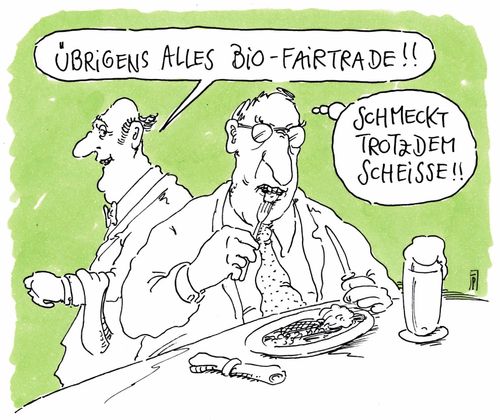 Cartoon: bio-fairtrade (medium) by Andreas Prüstel tagged bio,lebensmittel,fairtrade,restaurant,kellner,gast,cartoon,karikatur,andreas,pruestel,bio,lebensmittel,fairtrade,restaurant,kellner,gast,cartoon,karikatur,andreas,pruestel