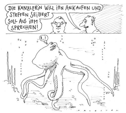 Cartoon: bundespaul (medium) by Andreas Prüstel tagged fußballweltmeisterschaft,krakenorakel,merkel,regierungssprecher,seibert,fußballweltmeisterschaft,krakenorakel,orakel,krake,paul,wm,weltmeisterschaft,vorhersage,regierung,angela merkel,angela,merkel