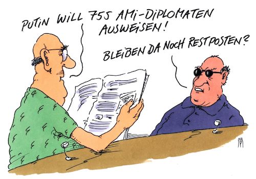 Cartoon: diplomaten (medium) by Andreas Prüstel tagged usa,russland,sanktionen,putin,diplomaten,ausweisungen,restposten,cartoon,karikatur,andreas,pruestel,usa,russland,sanktionen,putin,diplomaten,ausweisungen,restposten,cartoon,karikatur,andreas,pruestel