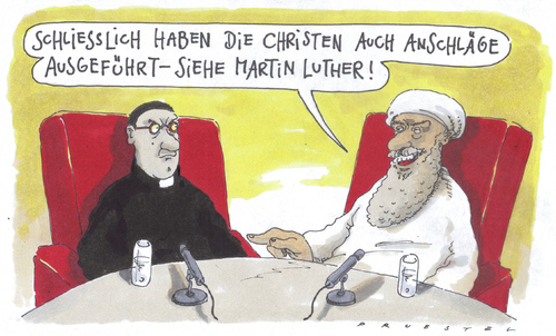 Cartoon: diskurs (medium) by Andreas Prüstel tagged christentum,islam,terroranschläge,luther,reformation,wittenberg,tvdiskussion,christentum,islam,terroranschläge,luther,reformation,wittenberg,terror,terroristen,terrorismus