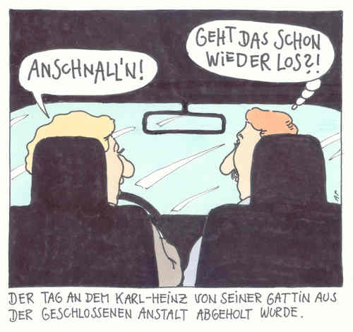 Cartoon: drinnen und draußen (medium) by Andreas Prüstel tagged psychiatrie,geschlosseneanstalt,gurtpflicht,ehe,auto,justierung,psychatrie,psyche,anstalt,krank,krankheit,gesundheit,auto,fahren