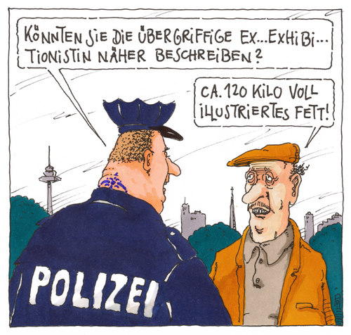 Cartoon: exhibitionismus (medium) by Andreas Prüstel tagged entblößung,exhibitionismus,exhibitionistin,tattoo,tätowierung,fett,fettleibigkeit,polizei,anzeige,cartoon,karikatur,andreas,pruestel,entblößung,exhibitionismus,exhibitionistin,tattoo,tätowierung,fett,fettleibigkeit,polizei,anzeige,cartoon,karikatur,andreas,pruestel