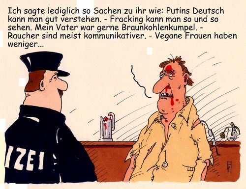 Cartoon: falsche sätze (medium) by Andreas Prüstel tagged kneipenschlägerei,intoleranz,putin,putinversteher,fracking,braunkohle,vegan,vegane,frauen,cartoon,karikatur,andreas,pruestel,kneipenschlägerei,intoleranz,putin,putinversteher,fracking,braunkohle,vegan,vegane,frauen,cartoon,karikatur,andreas,pruestel