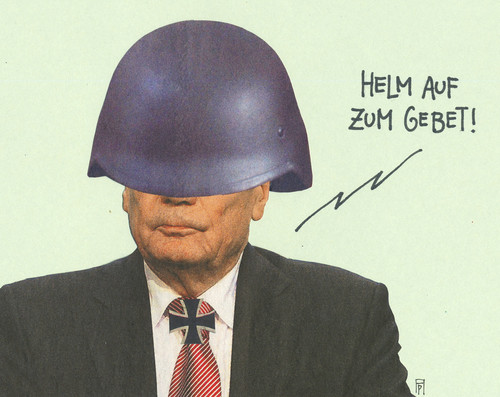 Cartoon: feldprediger gauck (medium) by Andreas Prüstel tagged joachim,gauck,bundespräsident,militäreinsätze,bundeswehr,feldpredigt,stahlhelm,gebet,cartoon,collage,andreas,pruestel,joachim,gauck,bundespräsident,militäreinsätze,bundeswehr,feldpredigt,stahlhelm,gebet,cartoon,collage,andreas,pruestel