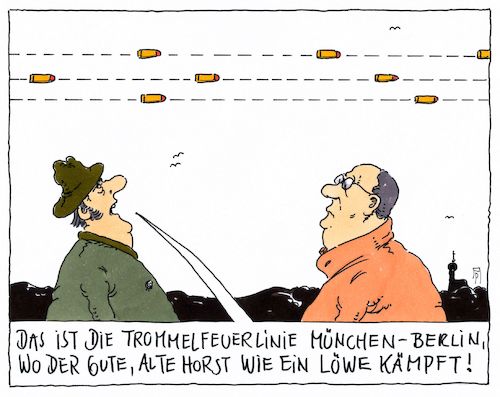 Cartoon: feuer frei (medium) by Andreas Prüstel tagged bayern,csu,horst,seehofer,sondierungsgespräche,belin,jamaika,trommelfeuer,rücktrittsvorderungen,cartoon,karikatur,andreas,pruestel,bayern,csu,horst,seehofer,sondierungsgespräche,belin,jamaika,trommelfeuer,rücktrittsvorderungen,cartoon,karikatur,andreas,pruestel