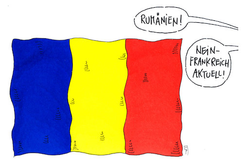 Cartoon: france aktuell (medium) by Andreas Prüstel tagged frankreich,trikolore,gelbwesten,rumänien,cartoon,karikatur,andreas,pruestel,frankreich,trikolore,gelbwesten,rumänien,cartoon,karikatur,andreas,pruestel