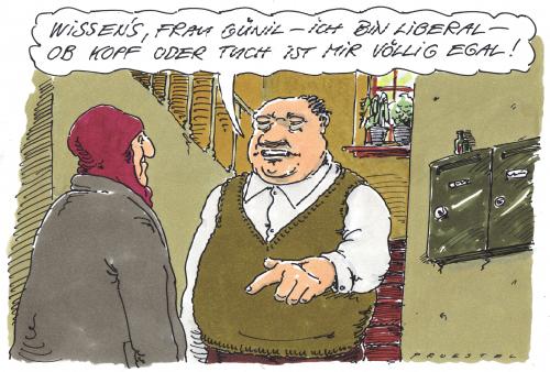 Cartoon: frau günil (medium) by Andreas Prüstel tagged islam,muslima,toleranz,kopftuchverbot,kopftuch,kopftuchstreit,religion,islam,moslem,muslime,koran,kultur,deutschland,toleranz,integration,nachbarschaft,nachbarn,bekleidung,kopfbedeckung,religionsfreiheit,konflikt,kontroverse,unterdrückung,frauen,freiheit,liberalismus,liberal