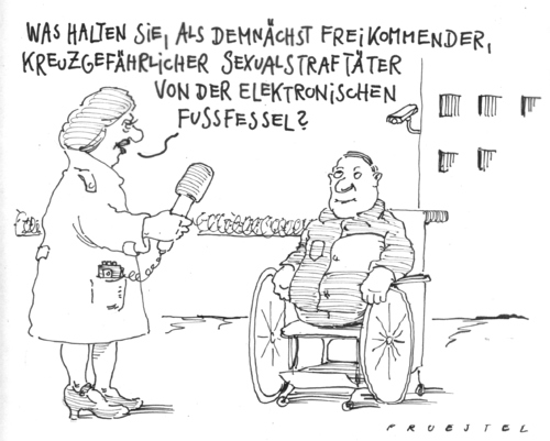 Cartoon: fussfessel (medium) by Andreas Prüstel tagged sexualstraftäter,freilassung,justiz,elektronischefussfessel,sexualstraftäter,freilassung,justiz,elektronische fussfessel,fussfessel,überwachung,behinderung,verbrechen,kriminalität,elektronische