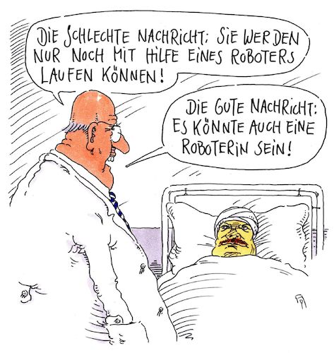 Cartoon: gehhilfe (medium) by Andreas Prüstel tagged krankenhaus,arzt,patient,gehhilfe,roboter,roboterin,cartoon,karikatur,andreas,pruestel,krankenhaus,arzt,patient,gehhilfe,roboter,roboterin,cartoon,karikatur,andreas,pruestel