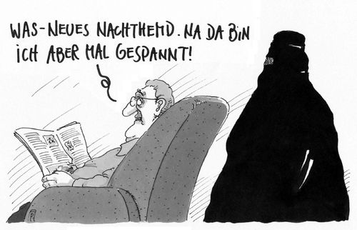 Cartoon: gespannt (medium) by Andreas Prüstel tagged ehepaar,nachthemd,burka,cartoon,karikatur,andreas,pruestel,ehepaar,nachthemd,burka,cartoon,karikatur,andreas,pruestel