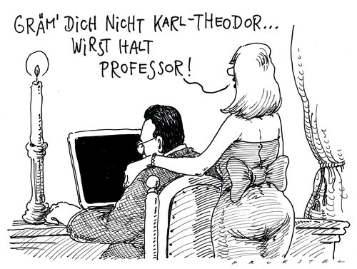 Cartoon: häuslicher trost (medium) by Andreas Prüstel tagged plagiat,guttenberg,doktorarbeit,doktortitel,aberkennung,verteidigungsminister,csu,guttenberg,plagiat,doktortitel,aberkennung,verteidigungsminister,csu