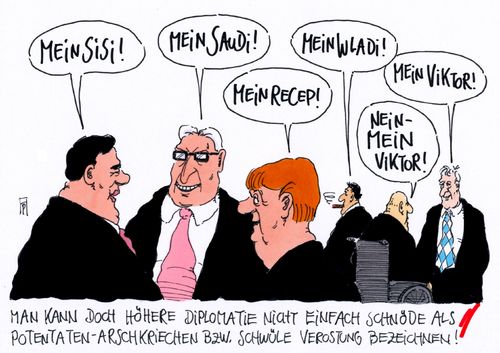 Cartoon: höhere diplomatie (medium) by Andreas Prüstel tagged diplomatie,arschkriechen,verostung,sisi,saudis,erdogan,putin,orban,gabriel,steinmeier,merkel,schröder,kohl,seehofer,cartoon,karikatur,andreas,pruestel,diplomatie,arschkriechen,verostung,sisi,saudis,erdogan,putin,orban,gabriel,steinmeier,merkel,schröder,kohl,seehofer,cartoon,karikatur,andreas,pruestel