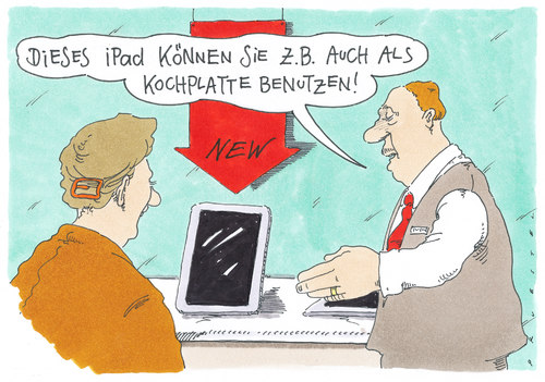 Cartoon: iPad (medium) by Andreas Prüstel tagged kochen,kochplatte,verkaufsgespräch,ipad,multifunktion,kochen,kochplatte,verkaufsgespräch,ipad,multifunktion,technik,computer,apple